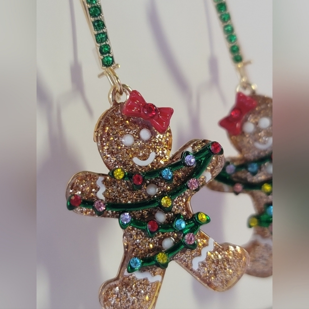 Betsey Johnson Gingerbread Girl Necklace & Earrings w/ red & green rhinestones - Picture 4 of 13